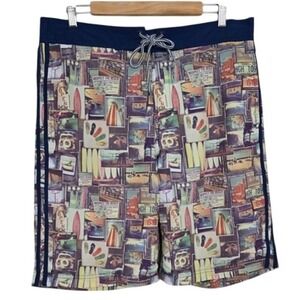 Centered Red Men's Multicolour Surfing Graphic Collage Print Board Swim Shorts M